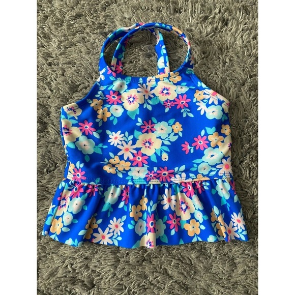 Cat & Jack Blue 2 Piece Baby Girl Swimsuit Size 18 Months Flowers & Stripes - Picture 2 of 9